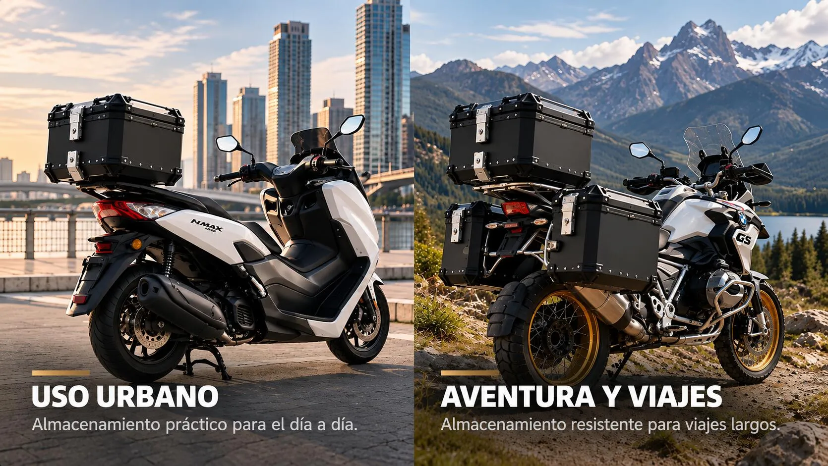 Escenarios de uso urbano y de aventura con maleteros para motocicleta