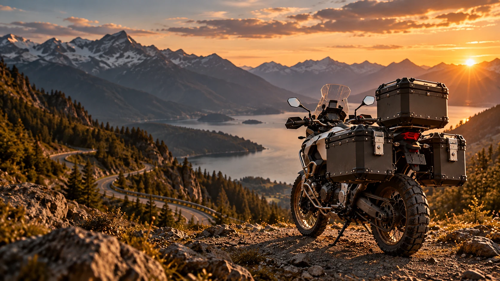 Concepto visual de una motocicleta de aventura con maletas en una carretera de montaña